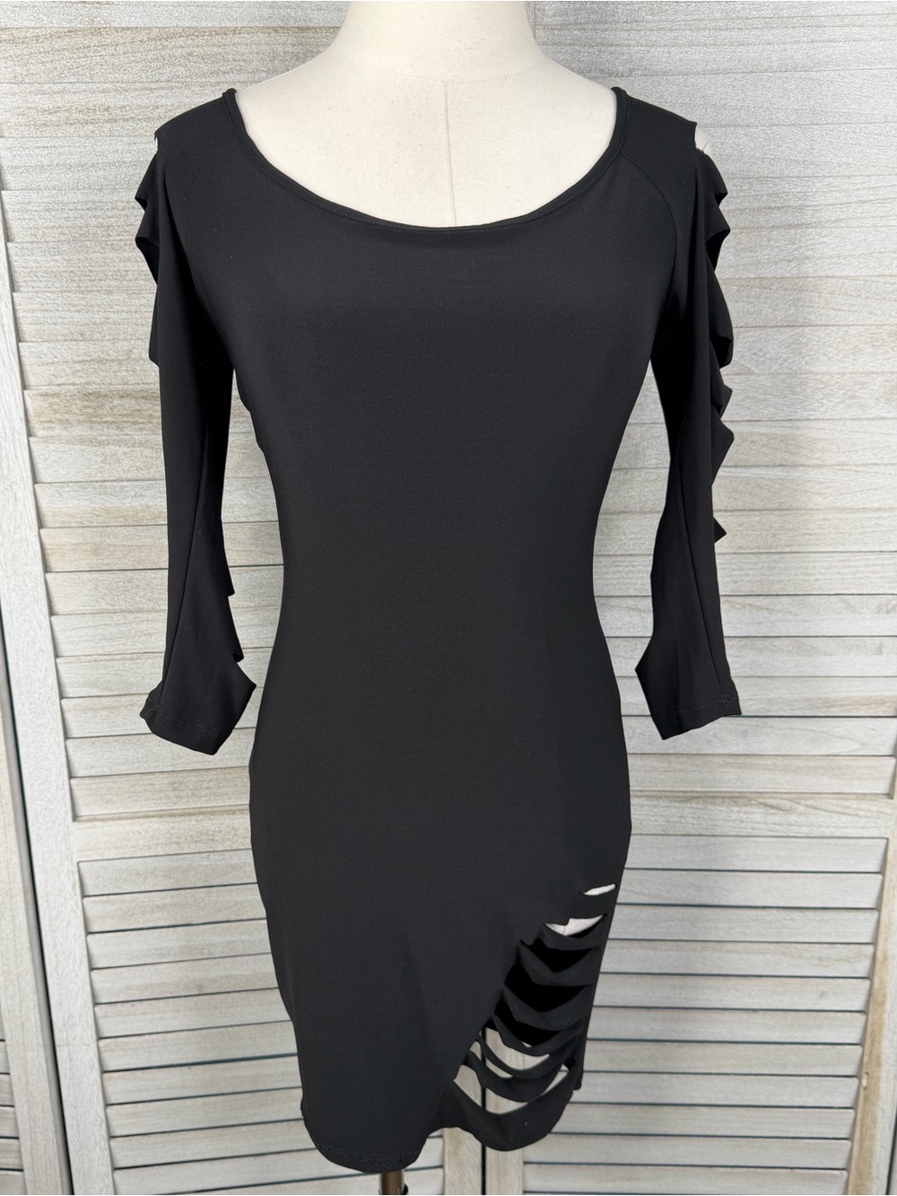 SYMPHONY (ASOS) Black Retro Y2K Bodycon Long Sleeve Dress w Arm & Hem Cutouts-M